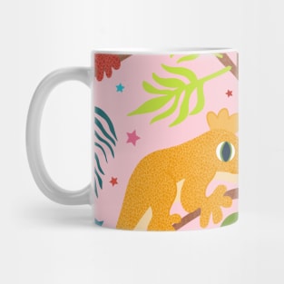 Colourful Crested Geckos with Jungle Leaves and Stars on pale pink Mug